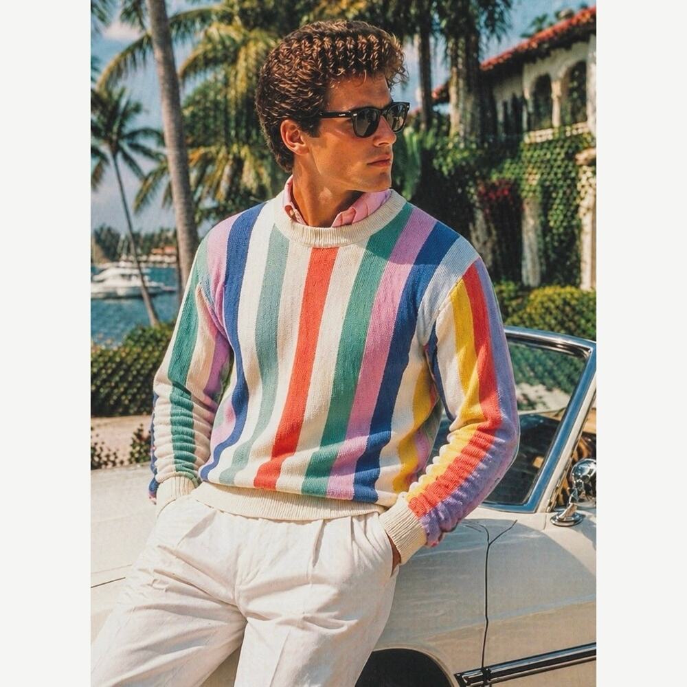 Vintage Maus & Hoffman Rare Pima Cotton Preppy Sweater Pastel Striped Sz L